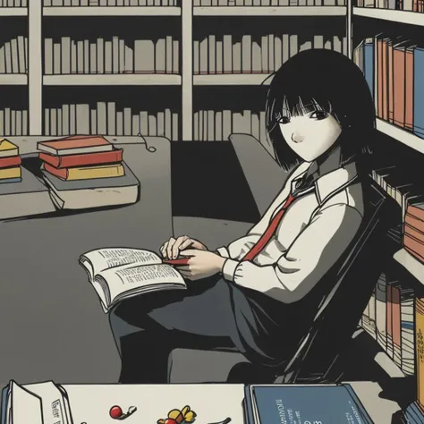 <lora:Tamotsu Murakami:1> simple art, reading a book in a library