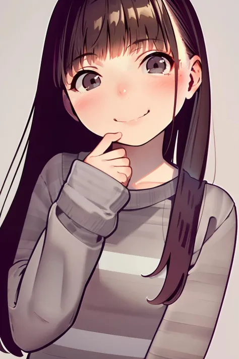 anime girl with long black hair and gray sweater holding her finger to her mouth