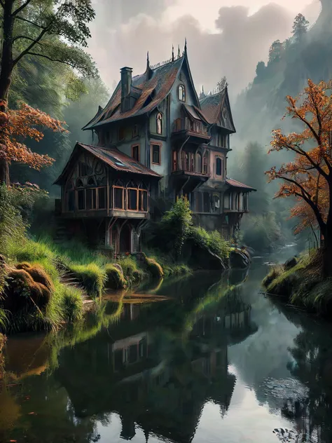 masterpiece, photorealistic, ultrarealistic, professional photograph shot on Canon EOS R6, 80mm,

Dystopian house in the valley by the river.

Fantasy style. Fantasy dreamlike art.

Mist.

Surreal Harmony
<lora:MJ52:0.7>
<lora:Surreal Harmony:1>
<lora:RMSD...