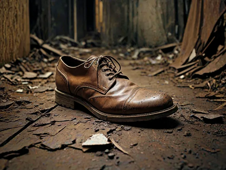 Vibrant colors, 3d,

An old creased, worn, scuffed, scruffy, dirty. A single abandoned dress shoe.

Apocalyptic, dystopian, moody atmosphere. 1950s style. brown.

Surreal Harmony
<lora:Surreal Harmony:1>
<lora:The_Dark_Side_of_the_Earth:0.2>
