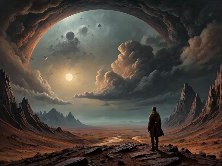 Vibrant colors, 3d, masterpiece, highly detailed.

A view into a distant future, unhappy and bleak and dark. A solitary man studies the sky.

Apocalyptic, dystopian, moody atmosphere. brown.

Trending on artstation. oil painting.

Surreal Harmony
<lora:Sur...