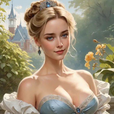 Portrait of a seductive and horny beautiful 18 year old blonde victorian noblewoman with large breasts in a beautiful garden, 19th century, light chestnut hair in elaborate bun, clear eyes, beautiful face, very detailed eyes, large jewelled broach at throa...