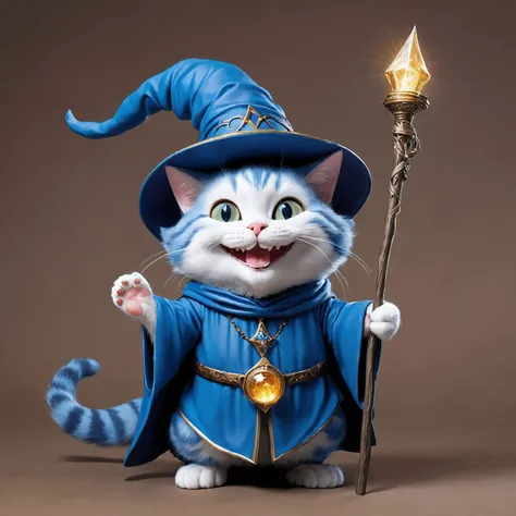 blue wizard cat with a big smile.