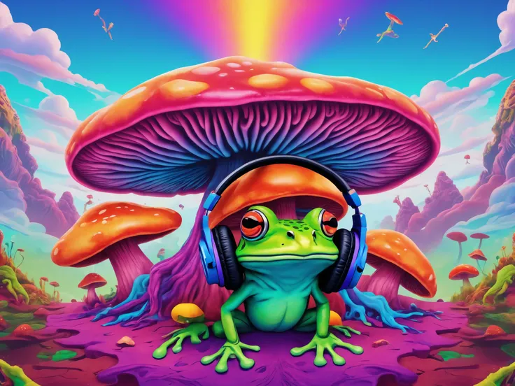 cinematic photo Psychedelic style a (((Psychedelic))) technicolored mushroom dream world, all around growing morphing mushrooms and music. (tie-died t-shirts). <lora:xl_more_art-full_v1:4> (((Psychedelic))) Rainbow Sky, cinematic  photorealistic, 8k uhd na...