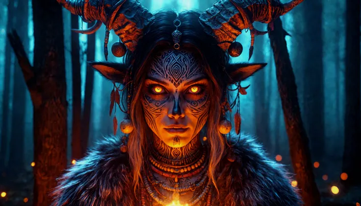 a woman with glowing eyes and horns in a dark forest, photo realistic symmetrical, beautiful necromancer , she is dressed in shaman clothes, humblewood art style,, anthropomorphic lynx, cultist, inspired by bare feet., cinematic, colorful background, conce...