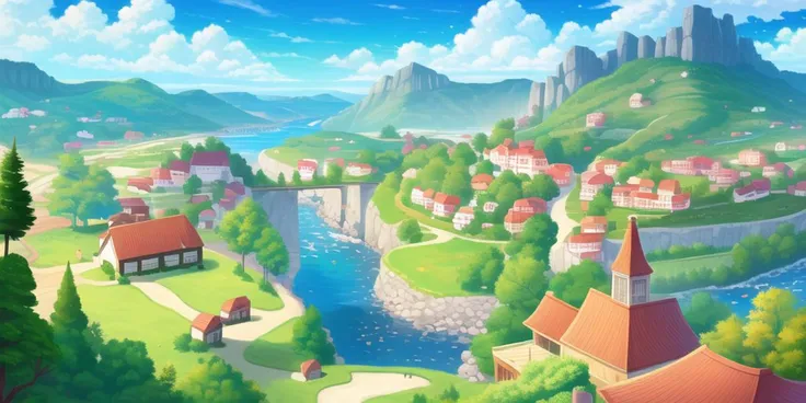 anime scenery of a small town with a river and a bridge