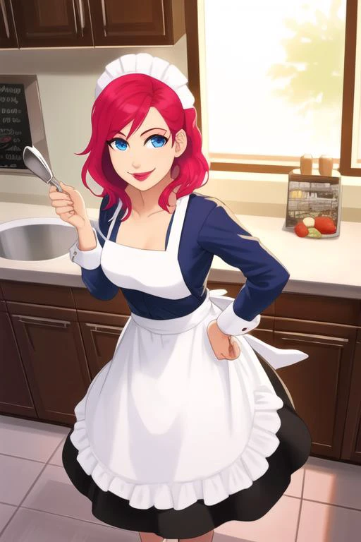 a woman in a maid outfit holding a pan and a spoon