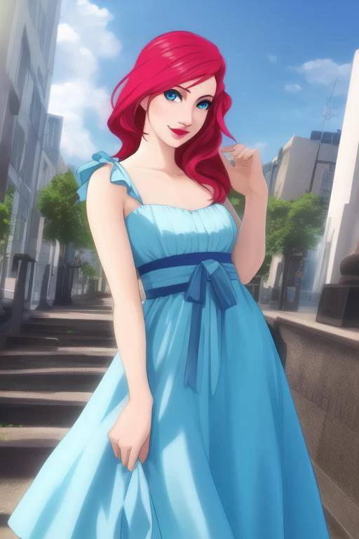 A solo woman depicted wearing a stylish and fashionable sundress. The sundress should be colorful and vibrant, with a design that complements the womans figure and flatters her curves. The woman should have red hair, blue eyes, and a charming smile, and sh...