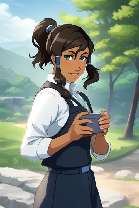 Korra, the Avatar and master of all four elements, depicted in a relaxed and natural pose in her everyday life. The image should show Korra interacting with the environment, such as practicing her bending abilities or enjoying a peaceful moment in nature. ...