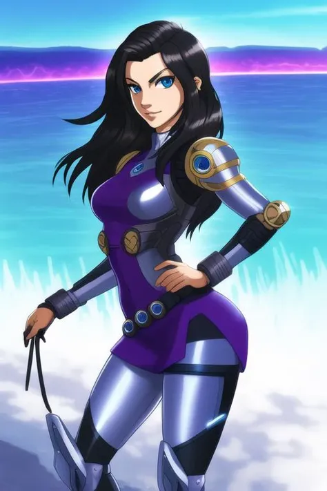 A solo woman depicted wearing a futuristic and technologically advanced costume, with a large and complex set of mechanical body parts. The woman should be Alita, the protagonist of the manga and anime series Alita: Battle Angel, and she should have a smal...