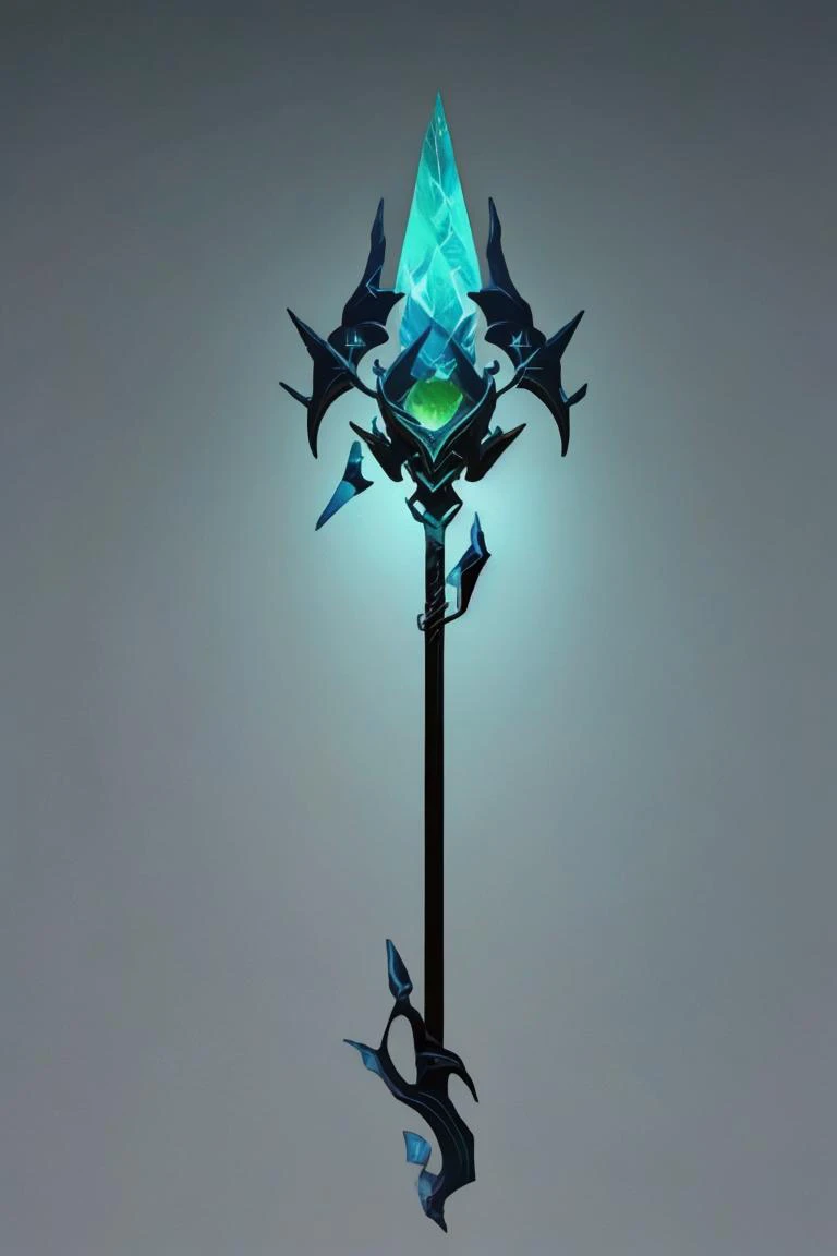 a blue and black sword with a green light on it