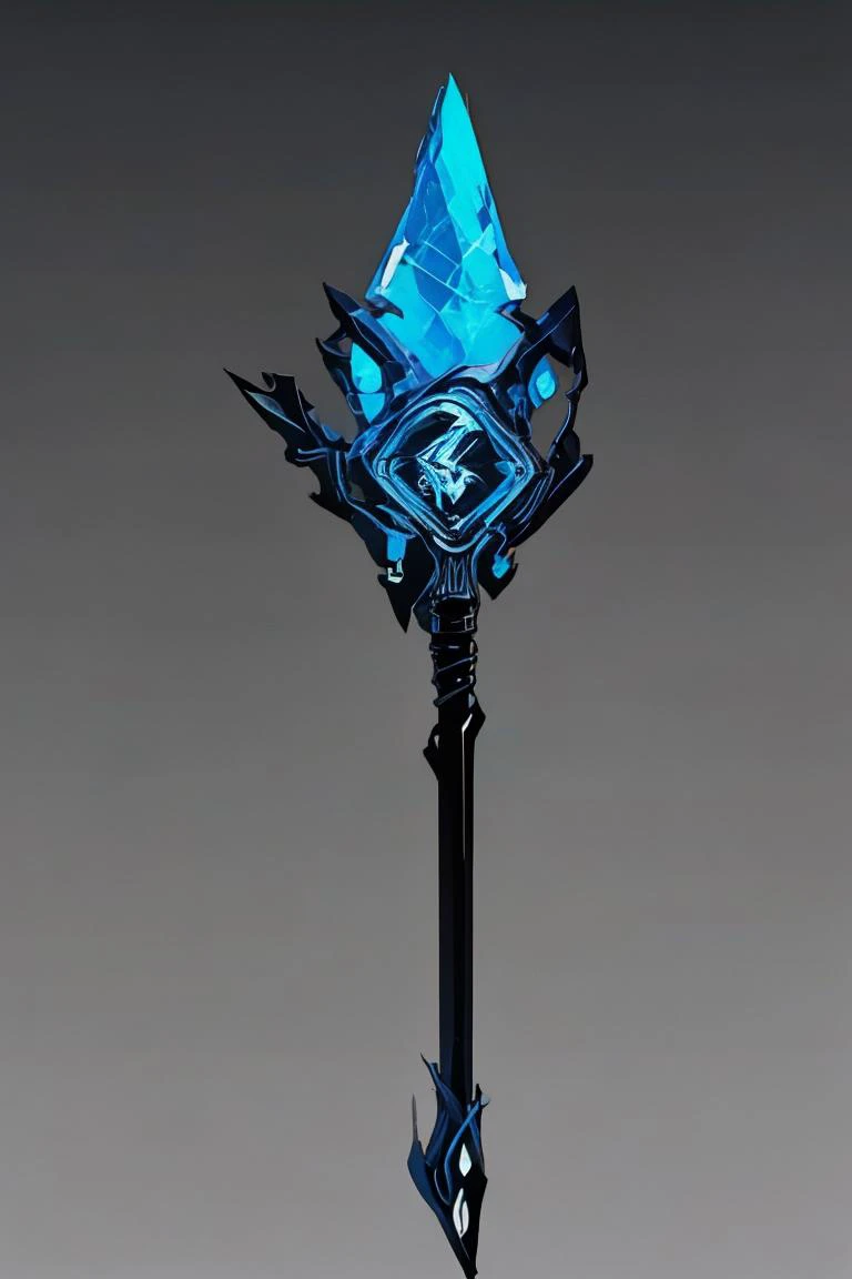 a blue crystal sword with a black handle and a black blade