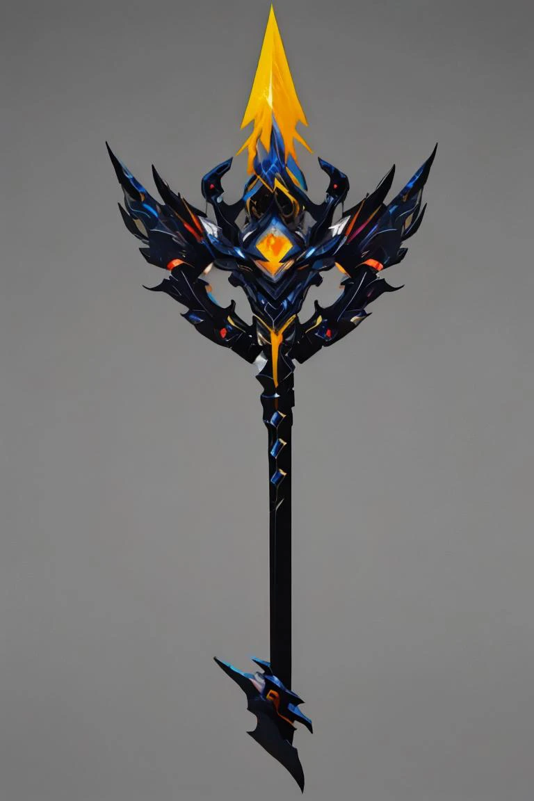 a very tall sword with a yellow and blue flame on it