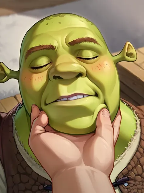 a close up of a cartoon character with a green face