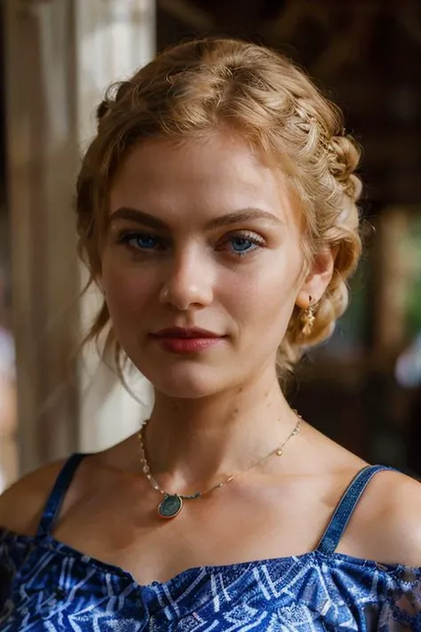 (Photoreal: 1.4), 8K,  masterpiece, one pretty european girl, solo, dynamic pose, blonde hair, (half updo), blue eyes, lips, collarbone, big tits, cleavage, necklace, jewelry, patterned dress, looking at viewer, indoor, bokeh, upper body, face focus, film ...