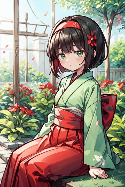 1girl, solo, seated, holding a pokeball, <lora:Erika_Pokemon_Anime_Dim32:0.5>, Erika_Pokemon, green eyes, short black hair, kimono, red hakama, red hairband, flowers, garden, detailed background, <lora:add_detail:0.7>