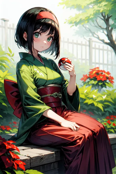 1girl, solo, seated, holding a pokeball, <lora:Erika_Pokemon_Anime_Dim32:0.5>, Erika_Pokemon, green eyes, short black hair, kimono, red hakama, red hairband, flowers, garden, detailed background, <lora:add_detail:0.7>