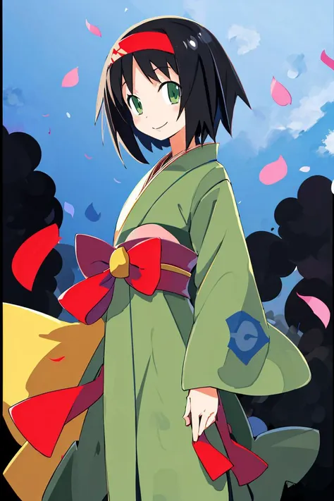 a woman in a kimono outfit standing in front of a blue sky