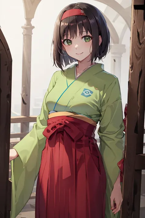 anime girl in a green and red kimono outfit standing in front of a gate