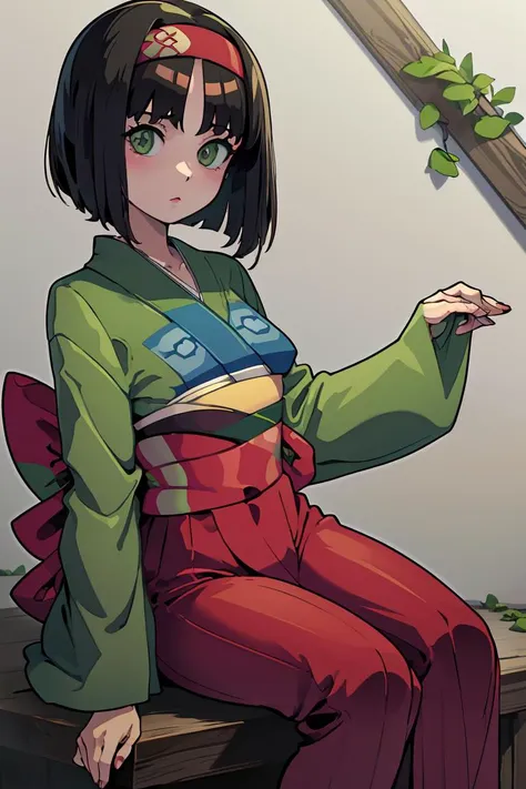 (masterpiece, best quality), 1girl,   <lora:Erika_Pokemon_Anime_Dim32:1> Erika_Pokemon, green eyes, short black hair, kimono, hakama, red hairband,