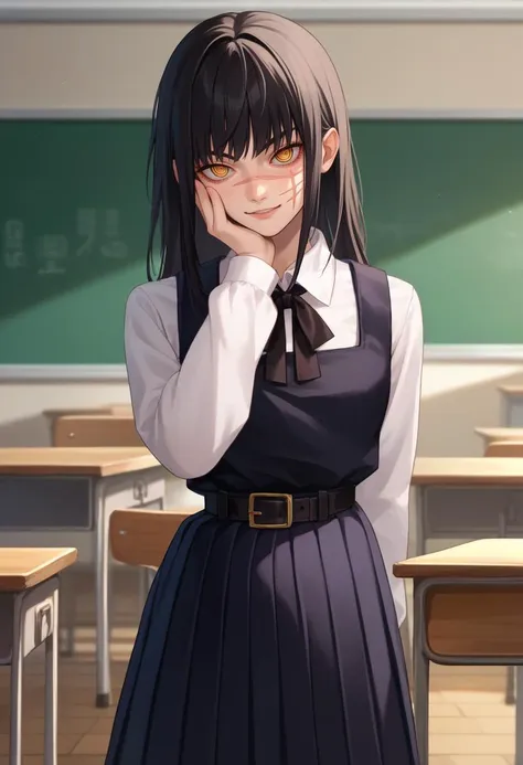 anime girl in school uniform posing in front of a classroom