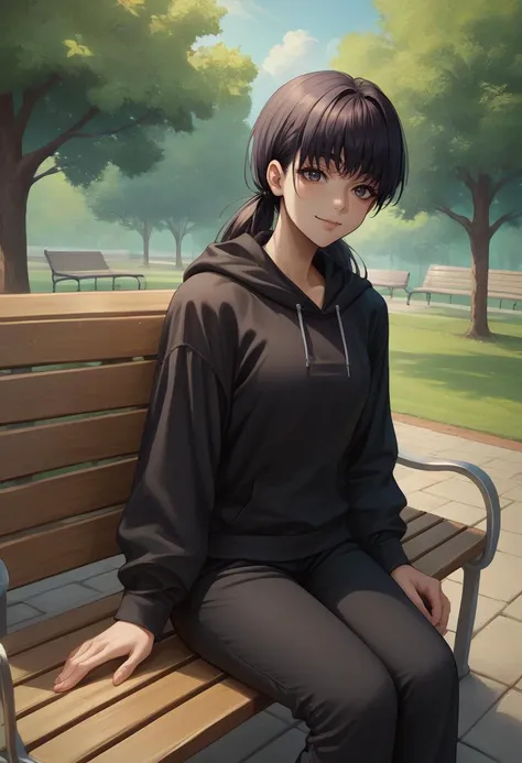 anime girl sitting on a bench in a park with trees