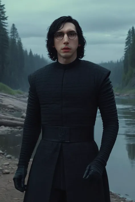 concept art kylo ren, wearing round glasses at riverside estate, (desperate plead), medium shot <lora:Kylo_Ren_XL:0.8>. digital artwork by nikita veprikov, illustrative, painterly, matte painting, highly detailed