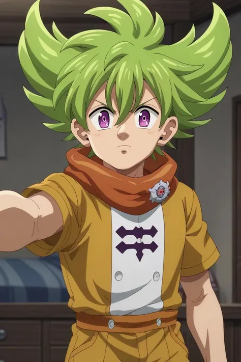 a young man with green hair pointing at something