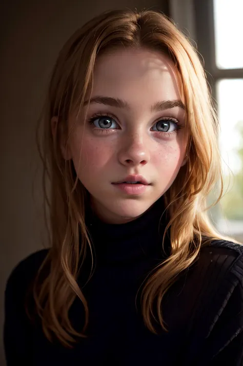 a close up of a young girl with long hair and a black turtle neck