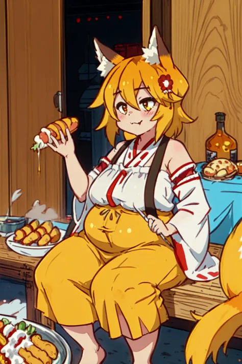 <lora:seneko:0.9> very (fat:1.3) Senko-san eats hotdog with mischievous face, (obesity:1.3), excess weight, fat fingers, dress in oil, dirty dress and arms, arms in oil and fat, anime, 2d, anime art