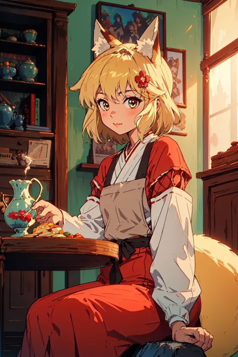 (masterpiece), (best quality), highres, ultra detailed, senko-san miko, 1girl, sitting , animal ears, short hair, blonde hair, slender figure, priestess outfit, red flower in hair, table, table, food, feeding the viewer, approaching the viewer, over the ta...