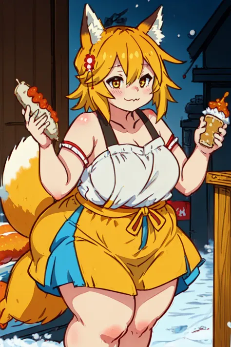 <lora:seneko:0.9> very (fat:1.3) Senko-san eats hotdog with mischievous face, (obesity:1.3), excess weight, fat fingers, dress in oil, dirty dress and arms, arms in oil and fat, anime, 2d, anime art