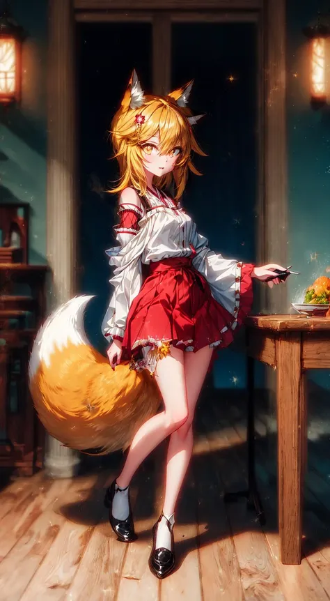 anime girl with a fox tail and a red skirt posing at a table