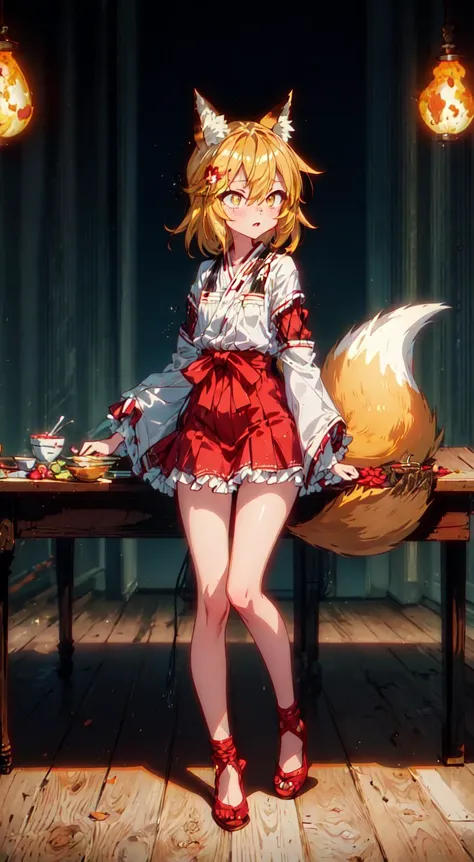 anime girl with a fox tail and red dress posing for a picture