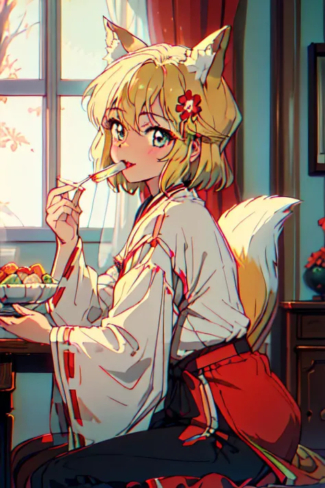 (masterpiece), (best quality), highres, ultra detailed, senko-san miko, 1girl, sitting , animal ears, short hair, blonde hair, slender figure, priestess outfit, red flower in hair, table, table, food, feeding the viewer, approaching the viewer, over the ta...