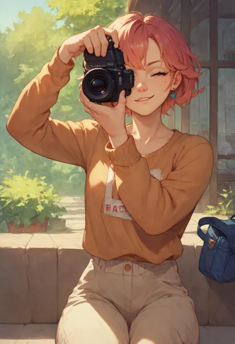 anime girl with camera taking picture of her surroundings