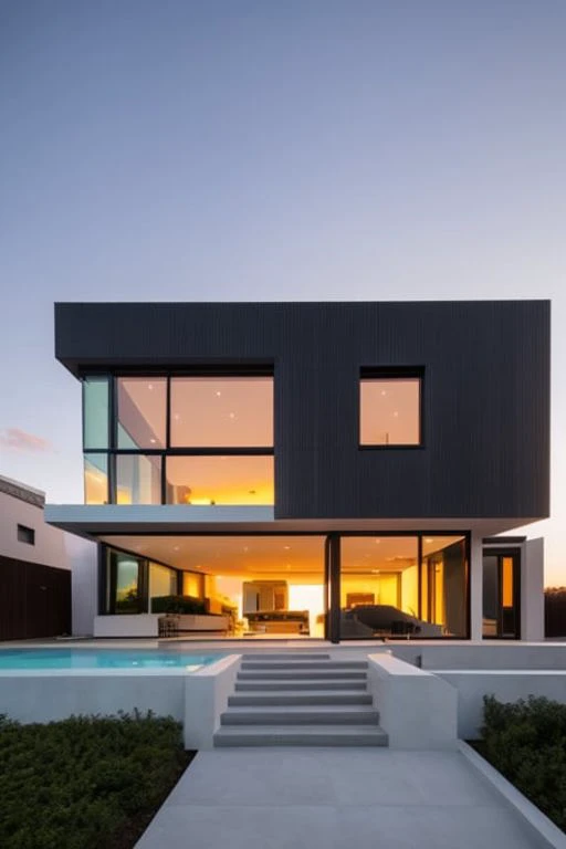 a modern house with a pool and stairs leading to the outside