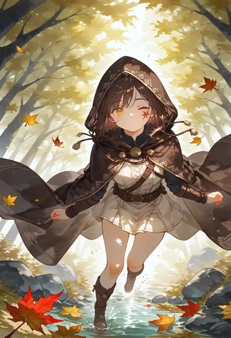 score_9, score_8_up, score_7_up, 1girl, brown cloak, brown hair, cape, cloak, closed mouth, facial tattoo, falling leaves, hood, hood down, hooded cape, hooded cloak, leaf, medium hair, one-eyed, outdoors, solo, tattoo, yellow eyes,  watercolor painting, g...