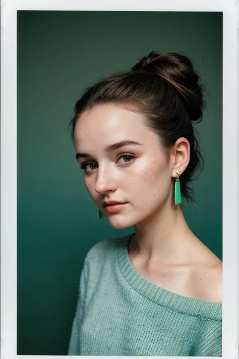 photo of (kd3v3r-135:0.99), closeup portrait, perfect hair, hair upsweep updo, posing, (modern photo, one-shoulder Neon Blue sweater), (polaroid frame), 24mm, (analog, film, film grain:1.3), (plain Tennis Court Green background, gradient), ((detailed eyes)...