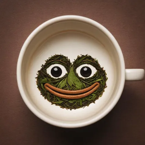 a close up of a cup with a face made out of grass