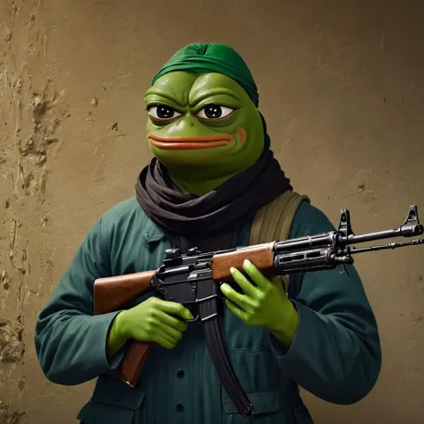 photo realistic, highly detailed, 8k, cinematic, pepe the frog joins the taliban, beard, turban, ak47 rifle, pepe the frog holding an ak47, , pepe_frog <lora:pepe_frog SDXL:1.2>