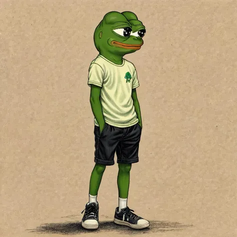 , green shorts, (((pepe_frog))), 1 boy <lora:pepe_frog SDXL:1.2> , sketch, drawing, detailed, pencil, black and white by Adonna Khare, Paul Cadden, Pierre-Yves Riveau