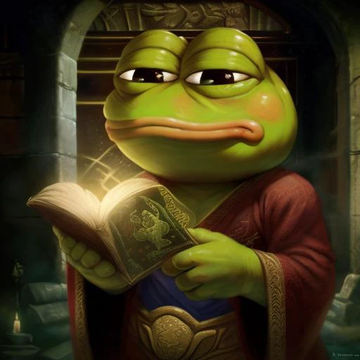 pepe the frog, wisdom, keeper of secrets, ancient knowledge, robe, full body
(masterpiece, best quality, ultra-detailed, high resolution, 8k, illustration, epic realistic, intricate details, hyperdetailed:1.2)  <lora:pepe_frog_v2:1>  <lora:Frazetta:1.0>