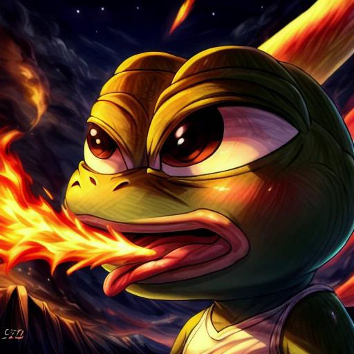 masterpiece,32k,best quality,(Best quality:1.2), highres, (scenary:1.2),solo,pepe_cute frog,1 cute  frog, breathing fire, fire bolt, blowing out fire trought mouth,open mouth,side view,huge fire bolt <lora:FireBreathSD:0.6>,detailed tongue, <lora:add_detai...