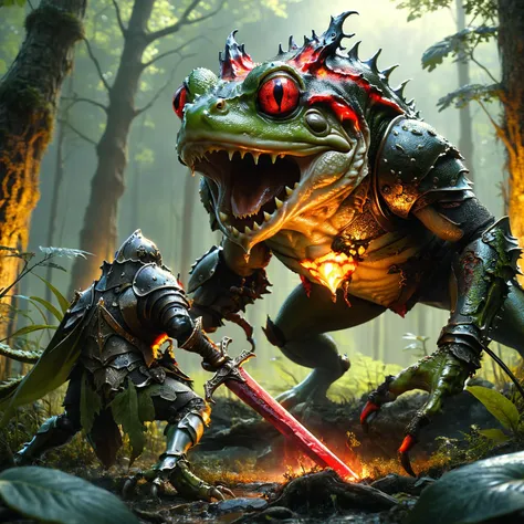 amazing quality, masterpiece, best quality, hyper detailed, ultra detailed, UHD, HDR, wide-angle lens, 
(an action shot of a knight fighting a giant fantasy frog devil in the mysterious forest:1.2),
knight holding (glowing sword:1.2),
frog devil with ral-a...