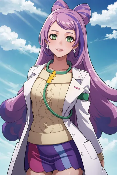 masterpiece, best quality, solo, 1girl, smile, looking at viewer,  <lora:miriam-nvwls-v1:0.9>, miriam, multicolored hair, green eyes, earrings, labcoat, stethoscope, sweater, purple skirt,  <lora:FE-ENGAGE S Rank_Fp:1>, sky, cloud, arms behind back,