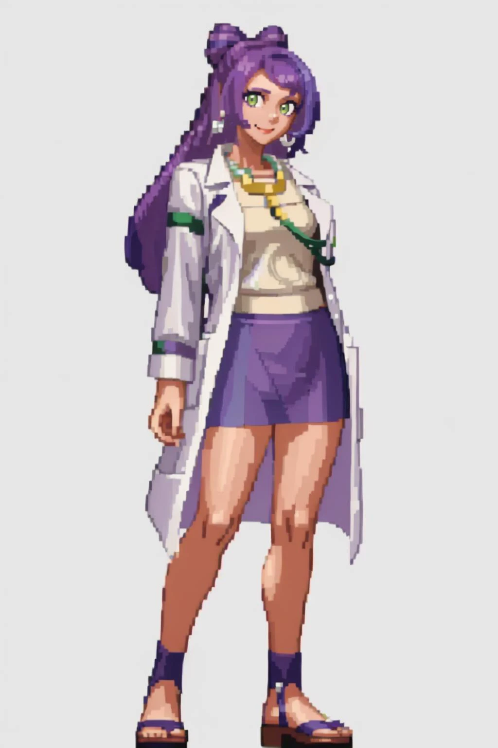 masterpiece, best quality, solo, 1girl, smile, looking at viewer,  <lora:miriam-nvwls-v1:0.9>, miriam, multicolored hair, green eyes, earrings, labcoat, stethoscope, sweater, purple skirt, sandals,  <lora:SNK-Kof_sprites_Fp:0.8>, full body, standing, simpl...