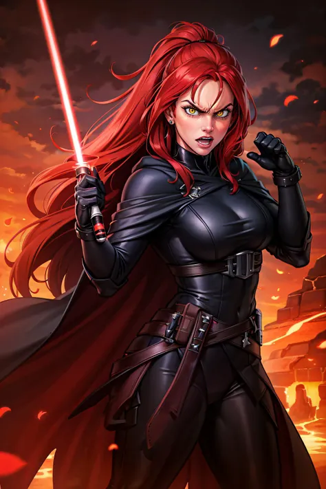 a woman with red hair and a sword in a black outfit