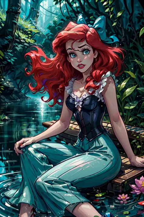 (ArielWaifu), blue dress, corset, hair bow, (sitting in a wooden boat:1.2), floating on a lake, lily pads, pink flowers, trees overhanging, (realistic:1.2), (masterpiece:1.2), (full-body-shot:1),(Cowboy-shot:1.2), neon lighting, dark romantic lighting, (hi...