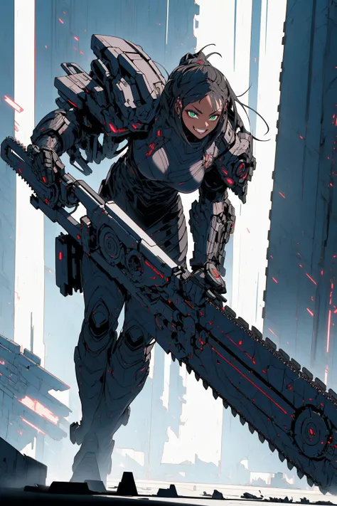 1girl holding chainsaw sword, dark skin,beautiful,grin, cyberpunk, cyber armor, mechanical arms, <lora:weapon:0.8>  <lora:drow_offset:0.6> beautiful lighting, action scene, dynamic shot, (masterpiece, best quality,highres, perfect hands)